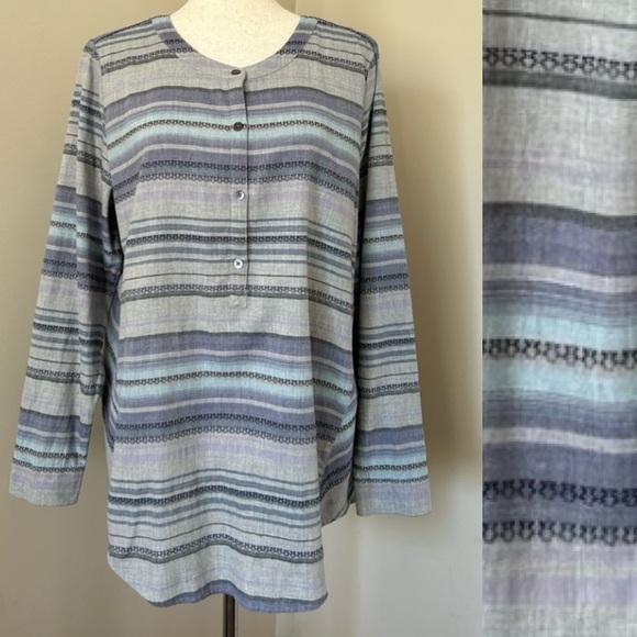 J. Jill Aztec Gray Blue Stripe Popover Half Button Blouse Top 100% Cotton Medium - Picture 1 of 12